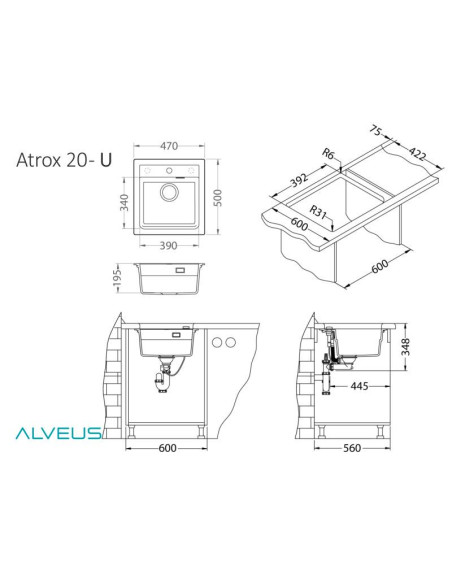 ATROX 20 col. 55 BEIGE Granitāla izlietne 1 bļoda ar POP-UP sifonu 3 1/2"