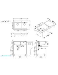 ATROX 50 col. 91 BLACK Granitāla izlietne 2 bļodas ar POP-UP sifonu 3 1/2" 2