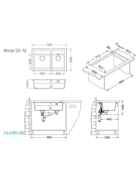 ATROX 50 col. 81 Betona Granitāla izlietne 2 bļodas ar POP-UP sifonu 3 1/2"