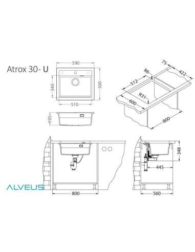 ATROX 30 col. 22 SAND Granitāla izlietne 1 bļoda ar POP-UP sifonu 3 1/2"