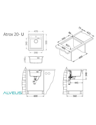 ATROX 20 col. 11 WHITE Granitāla izlietne 1 bļoda ar POP-UP sifonu 3 1/2"