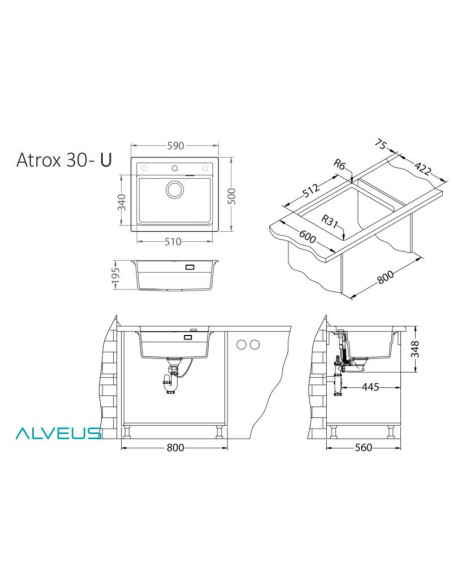 ATROX 30 col. 81 BETONS Granitāla izlietne 1 bļoda ar POP-UP sifonu 3 1/2" + AM-ROYAL CEPTINA 24CM (32905-M34152)