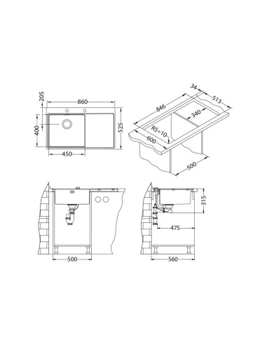 PURE 50 SAT L 860 x 525 mm + PUSH UP sifons