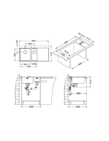 PURE 60 SAT L 980 x 525 mm + PUSH UP sifons