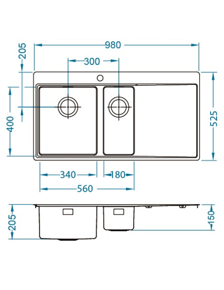 PURE 60 L SAT QC 980 x 525 mm + ātrās aizvēršanas sifons