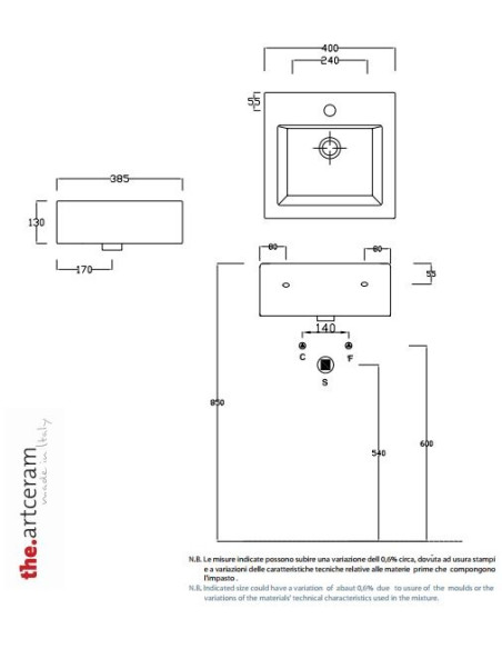 керамическая мойка the.artceram 40x38,5 см, белая, FUORI BOX MINI - 2