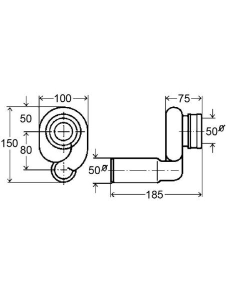 Sifons pisuāram 50x50 ar horizontālu izvadu Sifons pisuāram 50x50 ar horizontālu izvadu