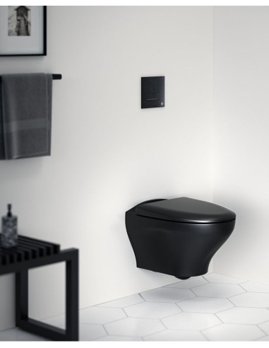 Piekaramais tualetes pods Estetic, Hygienic Flush mala, vāks ar Soft Close/Quick Release, Ceramicplus melns