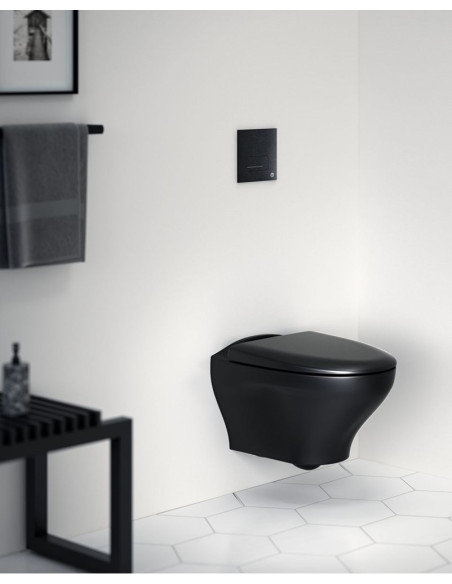 Piekaramais tualetes pods Estetic, Hygienic Flush mala, vāks ar Soft Close/Quick Release, Ceramicplus melns