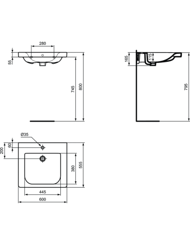 Ideal Standard Connect Freedom izlietne, 600x555x165mm (h), paredzēta cilvēkiem ar īpašām vajadzībām