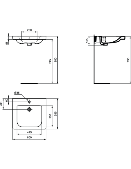 Ideal Standard Connect Freedom izlietne, 600x555x165mm (h), paredzēta cilvēkiem ar īpašām vajadzībām