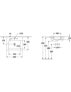 Venticello vannas istabas Izlietne, 600 x 505 x 165mm, balts, ar pārplūdi, neslīpēta 2