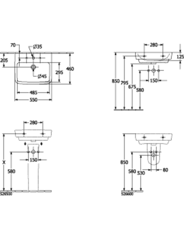 O.novo vannas istabas Izlietne, 550 x 460 x 175mm, balts, ar pārplūdi, neslīpēta
