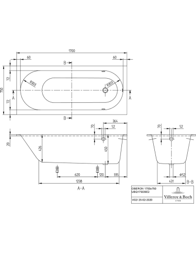 Oberon taisnstūra vanna Solo 1700 x 750mm balts