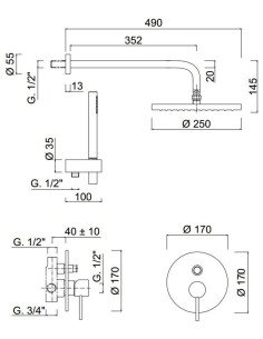 Futuro iebūvējams dušas komplekts ar dušas galvu 25 cm, melns matēts 2