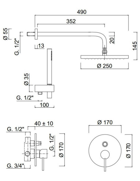 Futuro iebūvējams dušas komplekts ar dušas galvu 25 cm, melns matēts