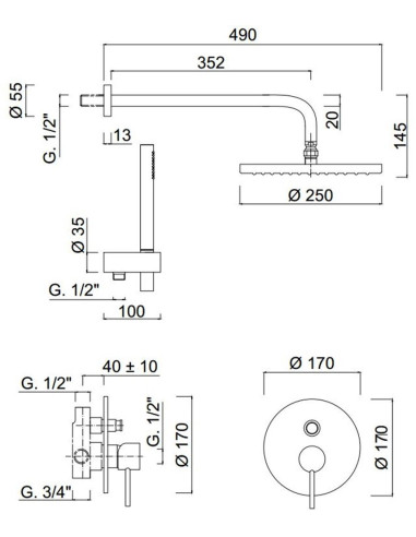 Futuro iebūvējams dušas komplekts ar dušas galvu 25 cm, hroms