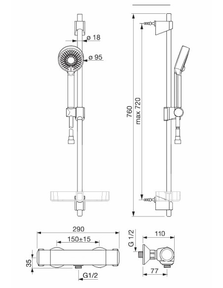 NOVA dušas komplekts ar termostatu, hroms