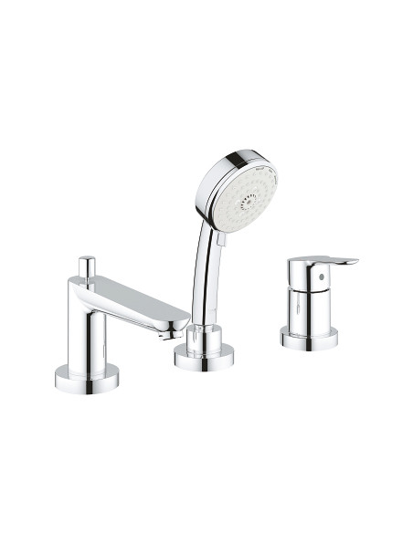 BauEdge trīsdaļīgs vannas maisītājs uz malas ar izvelkamu dušu, hroms