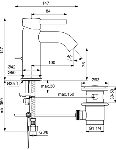Ideal Standard CERALINE maisītājs ar Pop-up noplūdi izlietnei, Silk Black
