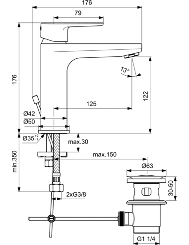 Ideal Standard CERAFINE O H120 izlietnes maisītājs ar pop-up noplūdi izlietnei