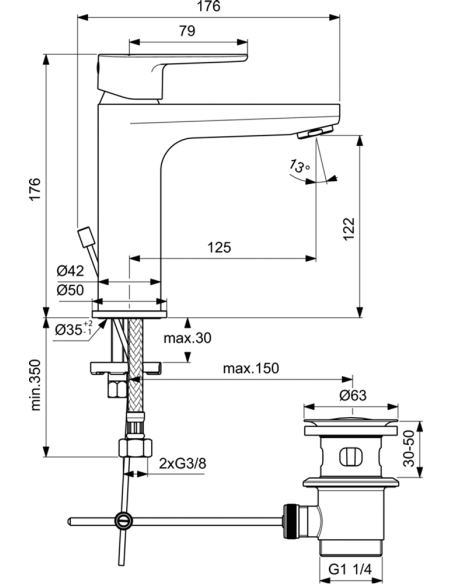 Ideal Standard CERAFINE O H120 izlietnes maisītājs ar pop-up noplūdi izlietnei