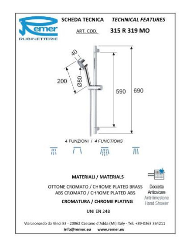 Dušas stienis ar 1.5m pievadu un trīs režīmu dušas galvu