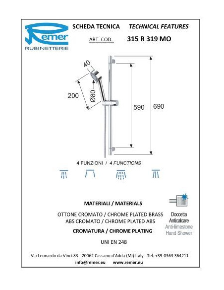 Dušas stienis ar 1.5m pievadu un trīs režīmu dušas galvu