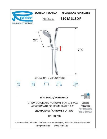 Dušas stienis ar 1.5m pievadu un piecu režīmu dušas galvu