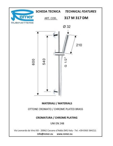 Dušas stienis ar 1.5m pievadu un cilindrisku viena režīma dušas galvu