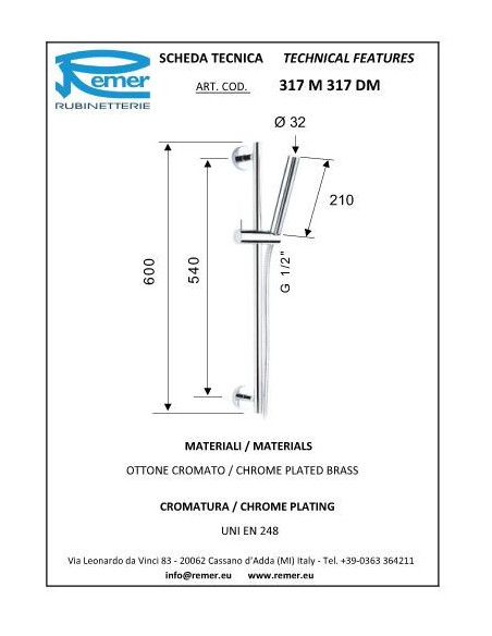 Dušas stienis ar 1.5m pievadu un cilindrisku viena režīma dušas galvu