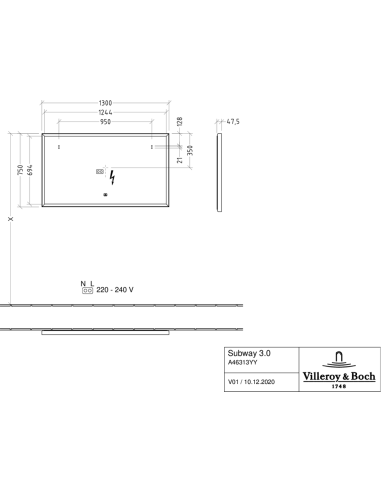 Subway 3.0 spogulis, ar apgaismojumu, 1300 x 750 x 47, 5mm