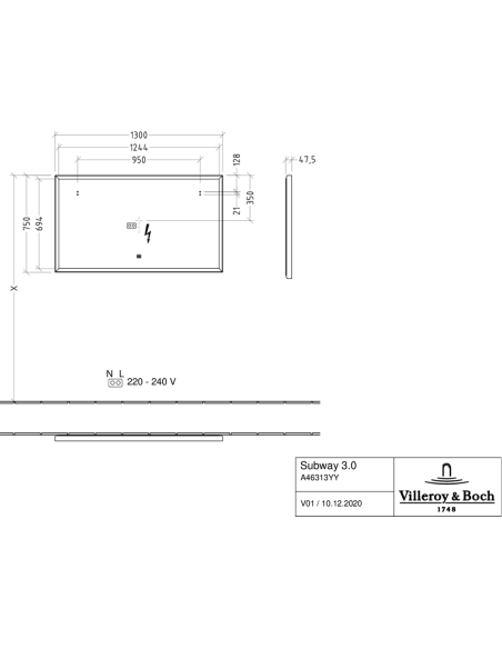 Subway 3.0 spogulis, ar apgaismojumu, 1300 x 750 x 47, 5mm