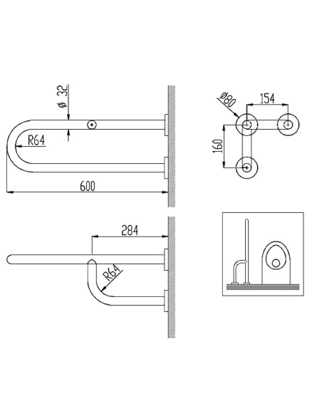 Invalīdu rokturis fiksēts 60cm labais NT balts