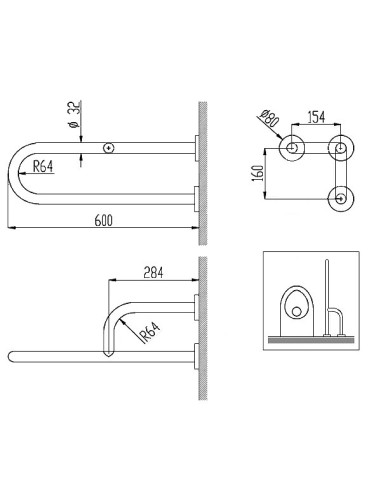 Invalīdu rokturis fiksēts 60cm kreisais NT satīns