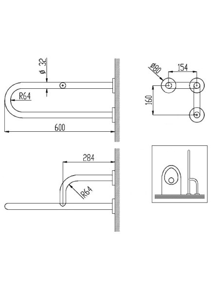 Invalīdu rokturis fiksēts 60cm kreisais NT satīns Invalīdu rokturis fiksēts 60cm kreisais NT satīns
