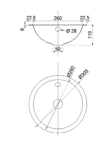 Izlietne D305/260mm, ar pārplūdi, NT
