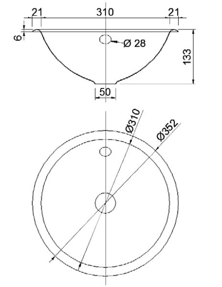 Izlietne D355/310mm, ar pārplūdi, NT