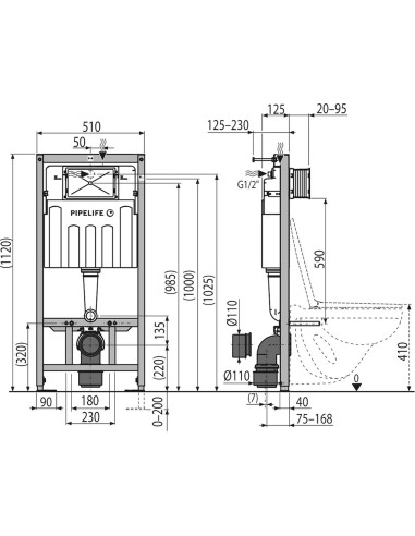 Pipelife WC rāmis ar baltu skalošanas pogu + stiprinājumu komplekts