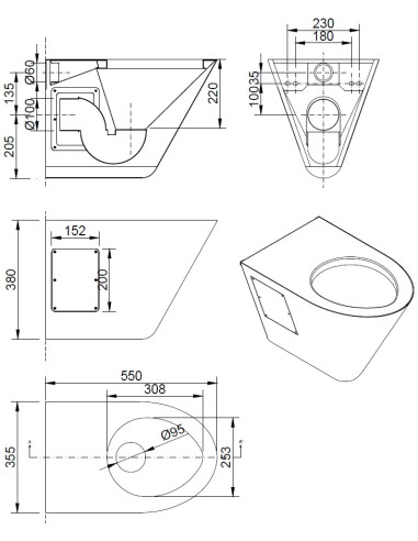 AISI 304 pie sienas stiprināms tualetes pods, nerūsējošs tērauds, satīns