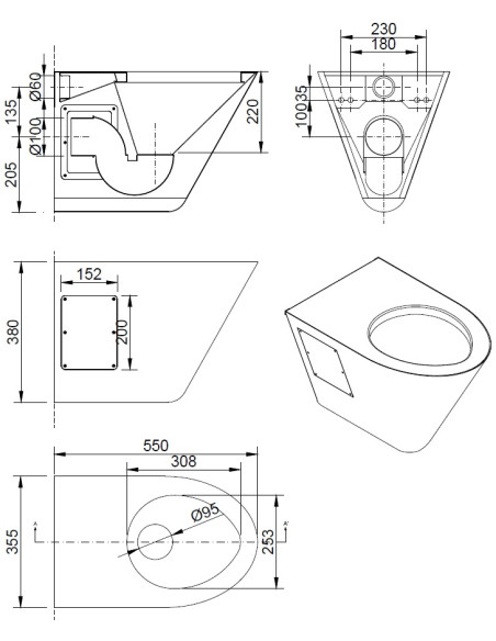 AISI 304 pie sienas stiprināms tualetes pods, nerūsējošs tērauds, satīns