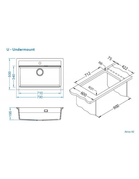 ATROX 40 col. 81 BETONS Granitāla izlietne (790 x 500) 1 bļoda ar POP-UP sifonu 3 1/2" - 3