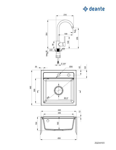 Deante Zorba Granīta izlietne ar krānu, 1 bļoda ZQZA2103