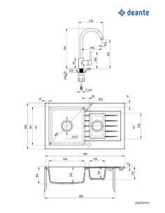 Deante Zorba Granīta izlietne ar krānu, 1,5 bļoda ar noteku ZQZA2513 2