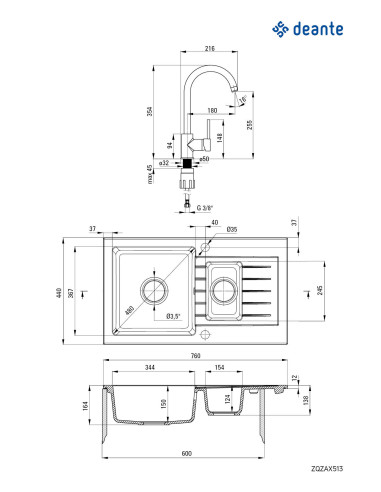 Deante Zorba Granīta izlietne ar krānu, 1,5 bļoda ar noteku ZQZA2513