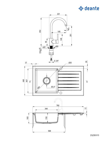 Deante Zorba Granīta izlietne ar krānu, 1 bļoda ar noteku ZQZBS113