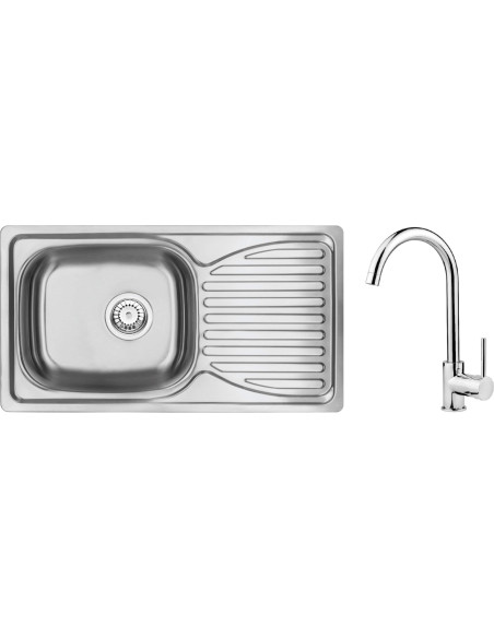 Deante Doppio tērauda izlietne ar krānu, 1 bļoda ar noteku ZENB0113