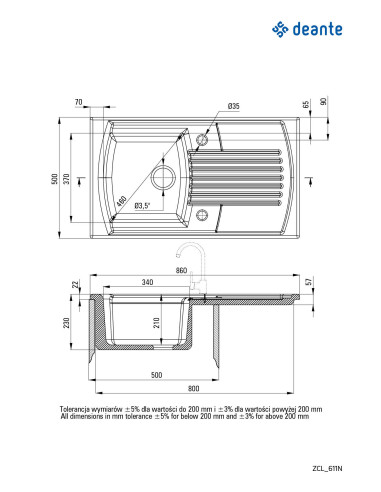 Deante Lusitano Keramikas izlietne, 1 bļoda ar noteku ZCL_611N