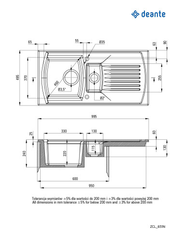 Deante Lusitano Keramikas izlietne, 1,5 bļoda ar noteku ZCL_651N