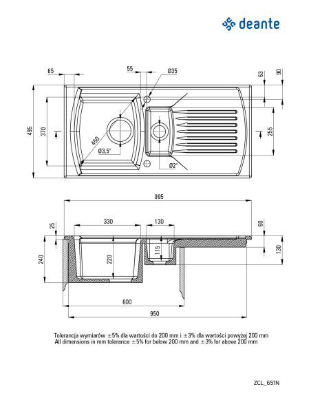 Deante Lusitano Keramikas izlietne, 1,5 bļoda ar noteku ZCL_651N